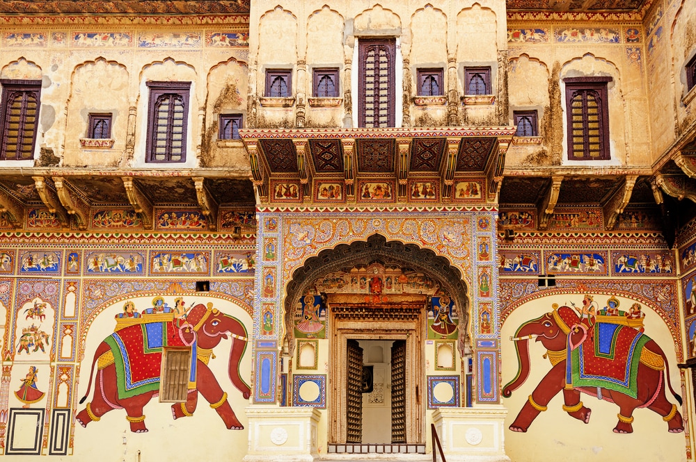 Frescoed Havelis in Mandawa village, traditional ornately decorated residence, India. Rajasthan